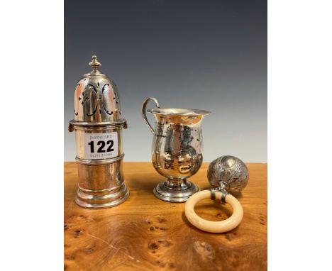 A SILVER SUGAR CASTER BY PAIRPOINT BROTHERS, LONDON 1914, A BALUSTER CHRISTENING MUG, MARKS WORN AND A TEETHING RATTLE, UNMAR