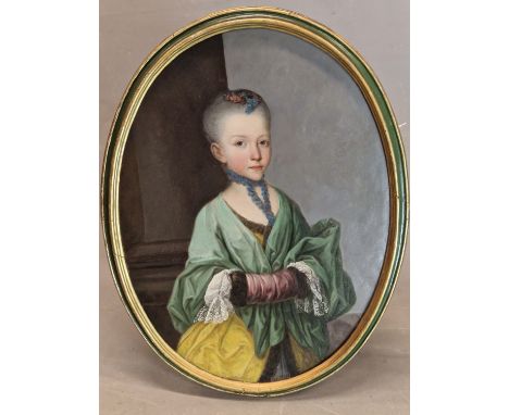 18th C. CONTINENTAL SCHOOL, AN OVAL PORTRAIT OF A LADY WEARING A GREEN SHAWL OVER A YELLOW DRESS, HER HANDS WARMED IN A MUFF,