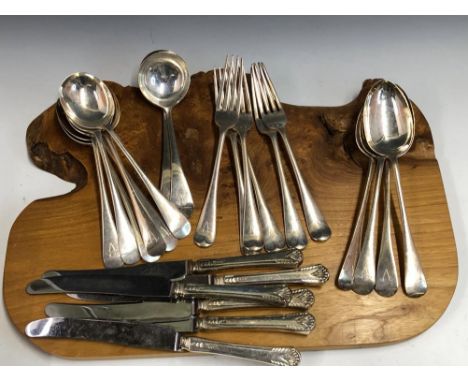 A SILVER OLD ENGLISH PATTERN CUTLERY SET, MAINLY BY J S, BIRMINGHAM 1934/7, COMPRISING EIGHT OF TABLE KNIVES AND TEA KNIVES, 