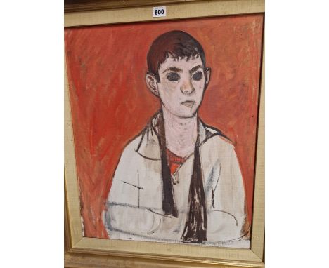 20th C. SCHOOL, HEAD AND SHOULDER PORTRAIT OF A YOUTH AGAINST A RED GROUND, OIL ON CANVAS.   60 x 49cms.