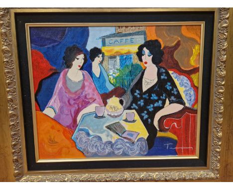 ITZCHAK TARKAY (1935-2012), ARR. CAFFE-D, THREE LLADIES TAKING TEA, EMBELLISHED SERIGRAPH ON CANVAS, NUMBERED 8 ON THE BACK. 