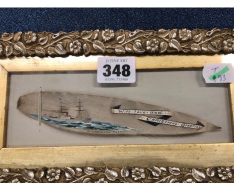 A FRAMED FIRST WORLD WAR LEAF SHAPED PANEL PAINTED WITH THE SHIP DRUMMOND CASTLE AND INSCRIBED WITH LOVE AND CHRISTMAS GREETI