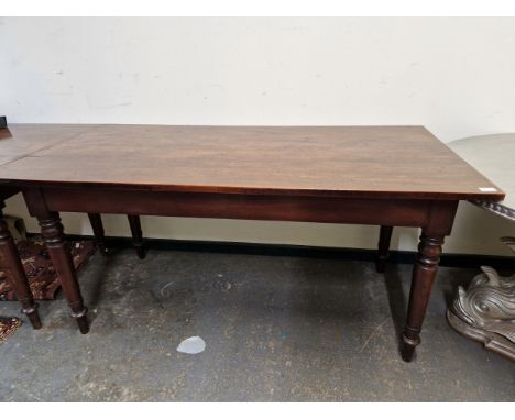 THREE ANTIQUE MAHOGANY 19th C. CENTRE/CONSOLE TABLES, RECTANGULAR TOPS, RING TURNED TAPERED LEGS. H 74 W 153 D 76cms