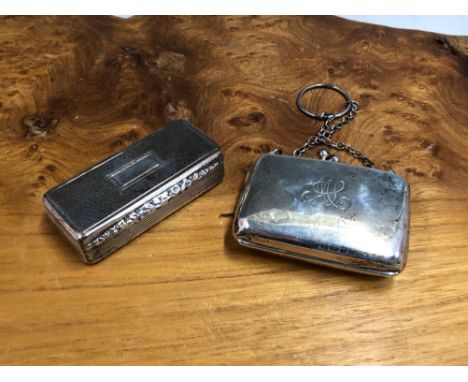 A SILVER SNUFF BOX BY T S, BIRMINGHAM 1834, THE ENGINE TURNED LID WITH A FLORAL LIP, TOGETHER WITH A SILVER SOVEREIGN BAG, TH