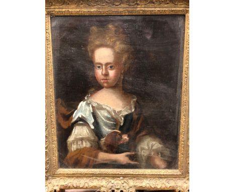 18th C. SCHOOL, A PORTRAIT OF A LADY HOLDING A KING CHARLES SPANIEL IN THE FOLDS OF HER BROWN SHAWL, OIL ON CANVAS.   59.5 x 