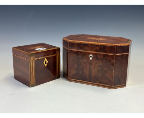A 19th C. MAHOGANY SINGLE TEA CADDY TOGETHER WITH ANOTHER OF TWO COMPARTMENTS, THE BANDED LIDS ENCLOSING A CONCH SHELL AND A 