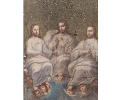 19th C. SCHOOL, A TRIPLE PORTRAIT OF CHRIST SEATED IN THE HEAVENS WITH ANGELS BELOW, OIL ON CANVAS.   84.5 x 60cms.