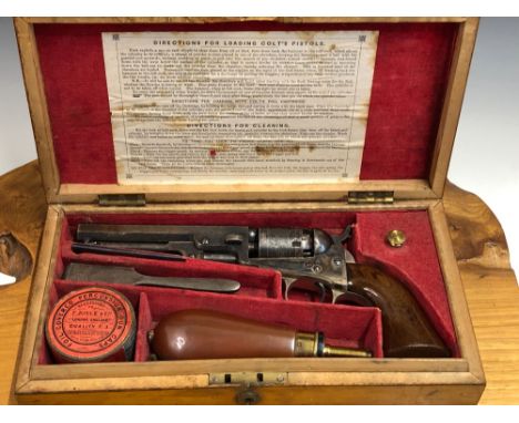 A RARE 1855 LONDON COLT POCKET PERCUSSION REVOLVER, CASED IN A LABELLED SATINWOOD CASE WITH BALL MOLD, JAMES DIXON POWDER FLA