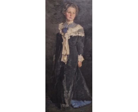 HARRINGTON MANN (1864-1937),. PORTRAIT OF A LADY STANDING, A WHITE LACE SHAWL OVER THE SHOULDERS OF HER BLACK DRESS, OIL ON C