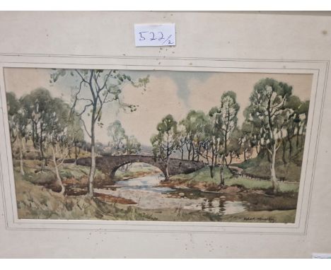 JOHN PODMORE (20th C.), OAKS, WATERCOLOUR, LABELLED VERSO.   22.5 x 33cms. TOGETHER WITH A PRINT OF A RIVER BRIDGE AFTER ROBE
