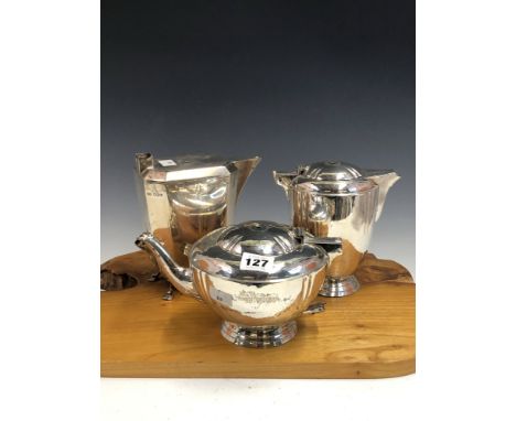 A SILVER TEA POT AND HOT WATER JUG BY BARNARDS, LONDON 1940, TOGETHER WITH A COFFEE POT BY VINERS, SHEFFIELD 1956, 1783grms.