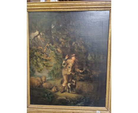 ATTRIBUTED TO ROBERT MENDHAM (1792-1875), A SHEPHERD AND HIS DOG STARTLED BY LIGHTNING AT NIGHT, OIL ON CANVAS, INSCRIBED ON 