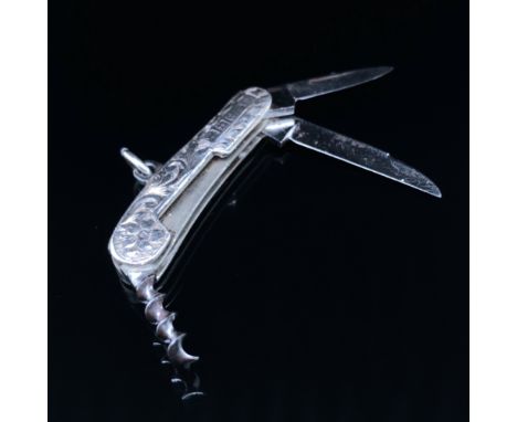 A VICTORIAN HALLMARKED SILVER MINIATURE PENKNIFE THE KNIFE WITH TWO FUNCTIONING BLADES AND A CORKSCREW DATED 1894, TOGETHER W