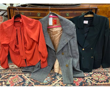 A VIVIENNE WESTWOOD RED LABEL TWEED BLAZER, TOGETHER WITH A RED LABEL RED BLOUSE AND A VIVIENNE WESTWOOD BLACK BLAZER.