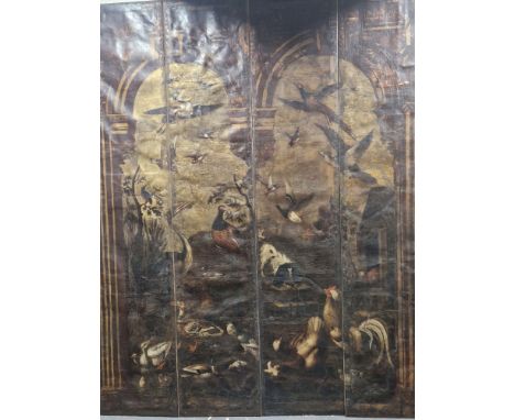 OLD MASTER SCHOOL. AN IMPRESSIVE SET OF FOUR PANELS FORMING A SCENE OF BIRDS AND ANIMALS WITHIN A CLASSICAL ARCHITECTURAL SET
