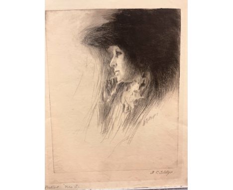 G.C STURGES EARLY 20th CENTURY, A PENCIL SIGNED ETCHING PORTRAIT OF "MRS S" SHEET SIZE 32 x 26cms UNFRAMED TOGETHER WITH AN E