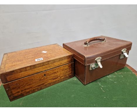 A CROSS BANDED SATINWOOD BOX CONTAINING A BEZIQUE SET, PLAYING CARDS AND A MINIATURE TEA SET TOGETHER WITH A LEATHER CASE CON