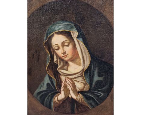 18th C. CONTINENTAL SCHOOL, AN OVAL PORTRAIT OF THE MADONNA IN PRAYER ON A RECTANGULAR CANVAS, HER HANDS CLASPED IN PRAYER, O