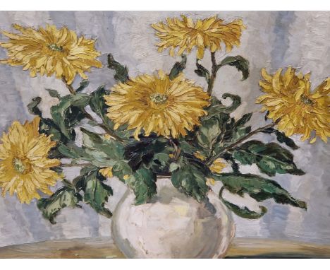 **BRIDGE (20th C.) A VASE OF YELLOW CHRYSANTHEMUMS, OIL ON CANVAS, SIGNED LOWER RIGHT. 48 x 59cms.