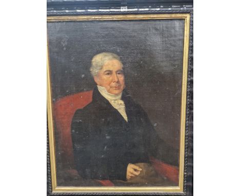 18th/19th C. SCHOOL, A PORTRAIT OF AMBROSE NICHOLAS YATES OF PORT ROYAL, JAMAICA, SEATED IN A RED CHAIR, OIL ON CANVAS. 89 x 