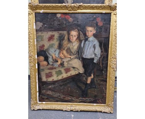 HARRINGTON MANN (1864-1937),  PORTRAITS OF THREE CHILDREN ON AND ABOUT A FLORAL SOFA, OIL ON CANVAS, SIGNED LOWER LEFT AND DA