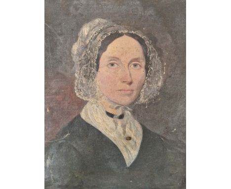 VICTORIAN SCHOOL, PORTRAIT OF A LADY WEARING A LACE BONNET, OIL ON CANVAS.   38 x 30.5cms. WITHIN A BIRDS EYE MAPLE FRAME. 