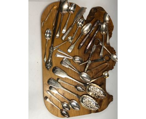 A PAIR OF FIDDLE PATTERN BERRY SPOONS TOGETHER WITH SIXTEEN VARIOUS TEA AND COFFEE SPOONS, TWO SUGAR TONGS, TWO SALT SPOONS A