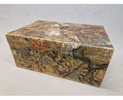 A CHINESE VELLUM COVERED TWO HANDLED TRUNK PAINTED WITH BIRDS AMONGST FLOWERING TREES.   W 87  x D 57.5 x H 40cms.