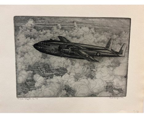 GEOFFREY WATSON (1894 - 1979) ARR. A PENCIL SIGNED ETCHING OF A FIGHTER PLANE " A FAIREY BATTLE" 23 x 32cms TOGETHER WITH ANO