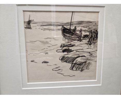 JOSEPH RIDGARD BAGSHAWE (1870-1909), ARR. A BOAT LEAVING A SHORELINE, CHARCOAL, A NOTE VERSO SAYING THAT THIS SKETCH CAME FRO