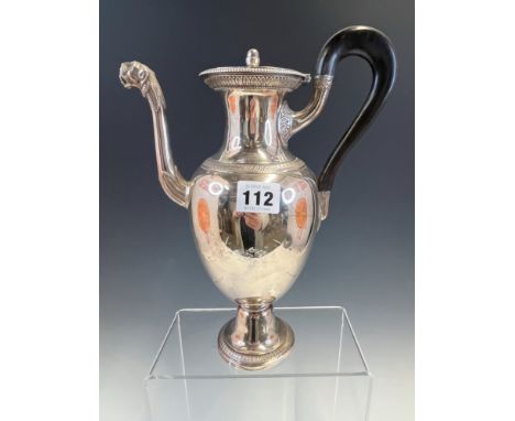 A FRENCH SILVER BALUSTER COFFEE POT, DISCHARGE MARKS, A LIOINESS MASK SPOUT BEFORE THE BEADED RIM AND EBONY HANDLE, 907grms.