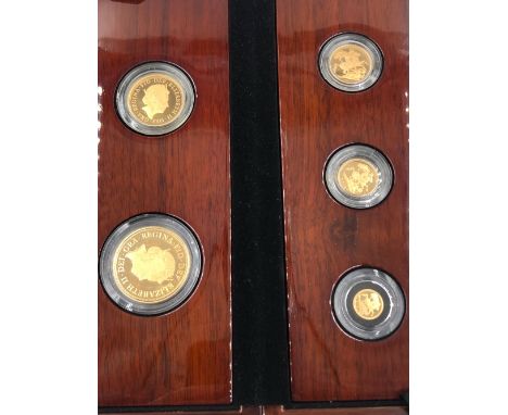 GOLD COINS. THE SOVEREIGN 2015 FIVE COIN SET, FIFTH PORTRAIT , FIRST EDITION. 22ct GOLD PROOF. NUMBER 250 OF A 350 LIMITED ED