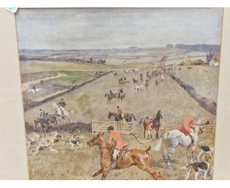 LIONEL DALHOUSIE EDWARDS (1878-1966), ARR A HUNTING PROBLEM PICTURE, PRINT. 36 x 35.5cms.