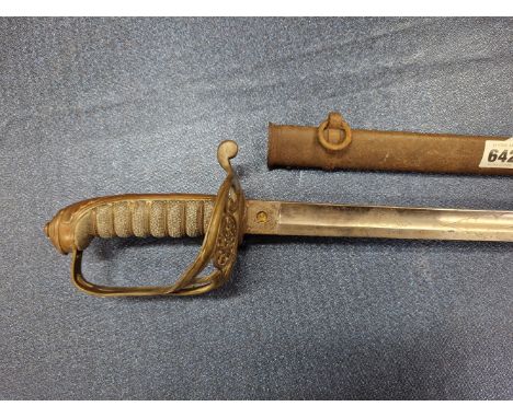 A VICTORIAN OFFICERS SWORD AND IRON SCABBARD BY HENRY WILKINSON, THE SINGLE EDGED BLADE ETCHED BELOW A BRASS GUARD AND WIRE B