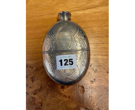 A SILVER MOUNTED GLASS HIP FLASK BY JOHN LINEGAR, BIRMINGHAM 1867, THE OVAL SHAPE ENGRAVED WITH FLOWER HEADS WITHIN LOBES, TH