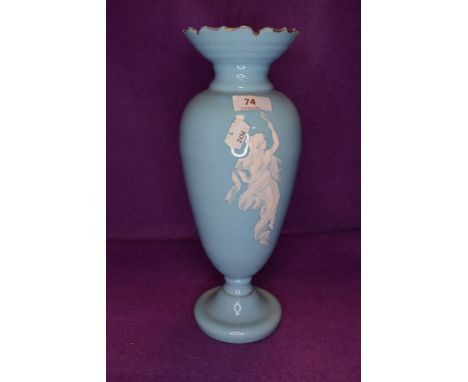 An antique blue glass vase having white enamel classically styled maiden to front. gilt a&nbsp; little worn and chip to top, 