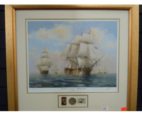 A signed Barry G Price limited 63/1805 print of 'The victory's approach, Trafalgar 1805' .