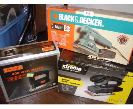 A selection of DIY and building tools including Black and Decker sander jigsaw etc