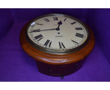 A mahogany cased Fusee wall clock, having hinged glass to front and roman numerals and 'Rhodes Kendal' to enamel face.
Approx