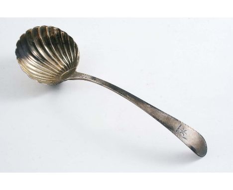 A GEORGE III IRISH SAUCE LADLE with a wrythen-fluted bowl and bright-cut borders around the stem, crested, maker's mark "I.B"