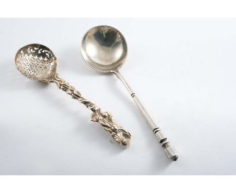 A VICTORIAN SUGAR SIFTER LADLE with a cast, naturalistic stem, maker's mark mis-struck "SW"?, London 1851 and a Russian spoon