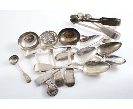 ASSORTED EXETER-MADE FLATWARE:- Three pairs of sugar tongs, four dessert spoons, a salt spoon, a table spoon, two sauce ladle