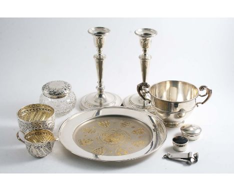 A MIXED LOT:- A pair of candlesticks on round bases with reeded borders & detachable nozzles, by T. Bradbury & Sons, Sheffiel