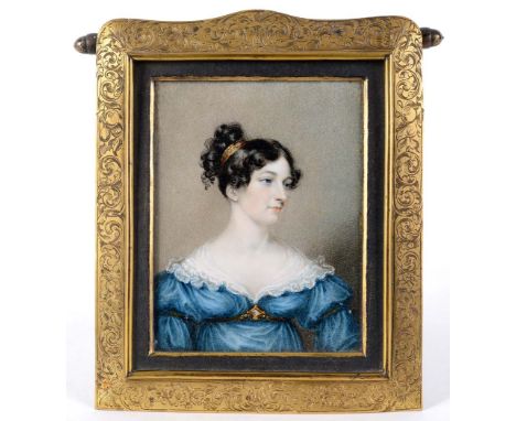 CIRCLE OF ALFRED EDWARD CHALON R.A. (1780-1860)  Portrait of a lady with dark hair tied in a jewelled band and wearing blue d