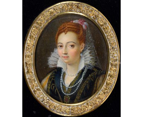 SPANISH SCHOOL  Portrait of a lady in 16th century style with auburn hair and wearing lace collar and strings of pearls,20th 