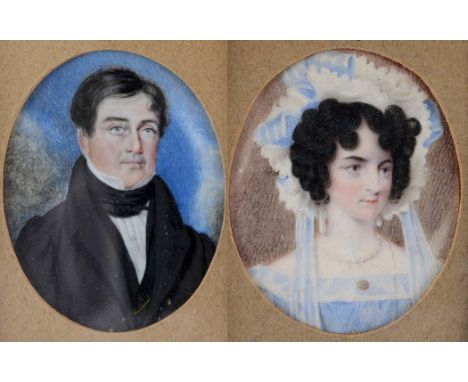 ENGLISH SCHOOL c.1840  Portrait of a gentleman wearing black jacket & stock and the companion portrait of his wife wearing bl