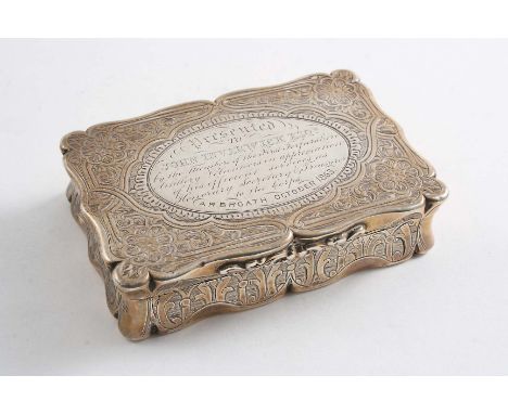 A VICTORIAN ENGRAVED SNUFF BOX with a shaped oblong outline with an inscription relating to the "First Forfarshire Artillery 