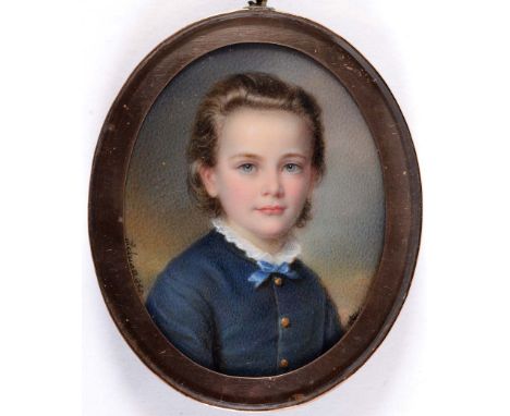 J.... R....SCHWAGER  Portrait of a girl wearing blue jacket and blue ribbon bow at her neck, half length, on ivory, signed & 