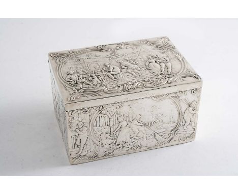 A LATE 19TH CENTURY CONTINENTAL OBLONG BOX OR CADDY decorated with Dutch 17th century scenes in low relief around the sides a
