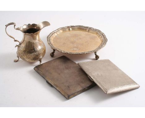 A MIXED LOT:- A modern waiter with a "Celtic" border and a small inscription on the reverse, two rectangular engine-turned ci